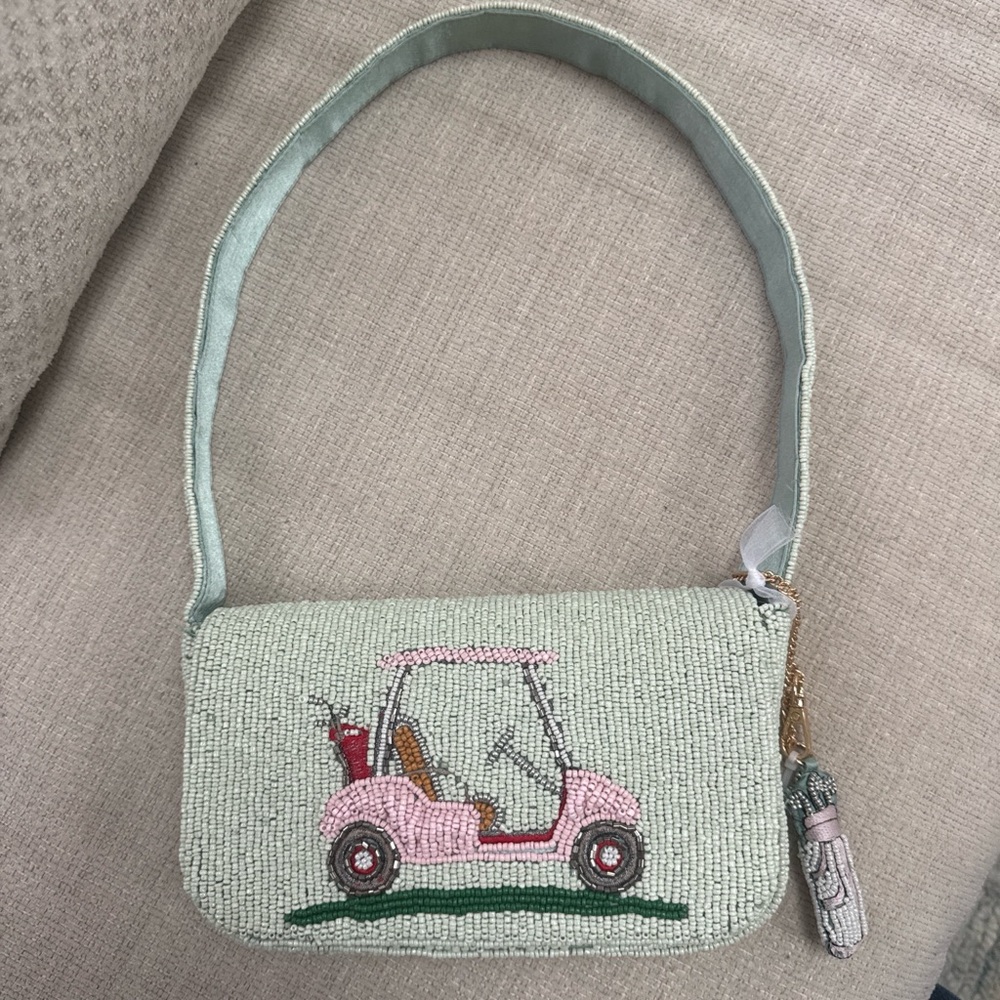 Pastel Mint Beaded Shoulder Bag with Pink Golf Cart Motif